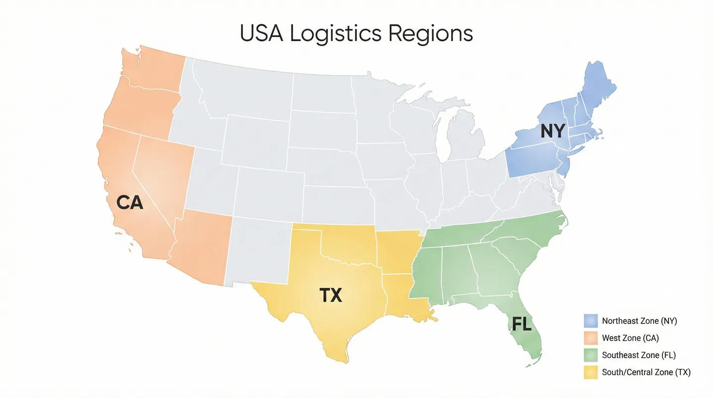 Harta zonelor logistice din SUA și codurile statelor, esențiale pentru adresarea corectă