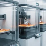 Hub logistic futurist echipat cu o fermă de imprimante 3D industriale producând piese de schimb la cerere