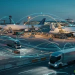 Hub logistic global modern la amurg cu avioane cargo și camioane electrice autonome pe fundalul unei rețele de date holografice