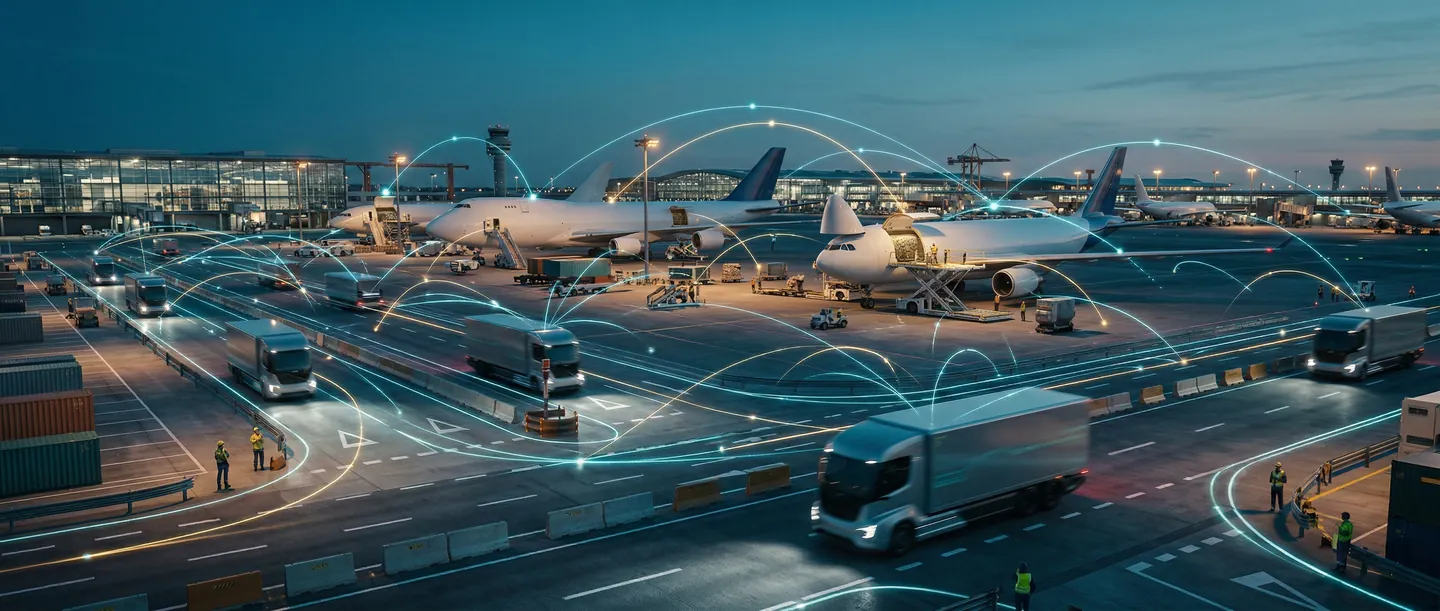 Hub logistic global modern la amurg cu avioane cargo și camioane electrice autonome pe fundalul unei rețele de date holografice