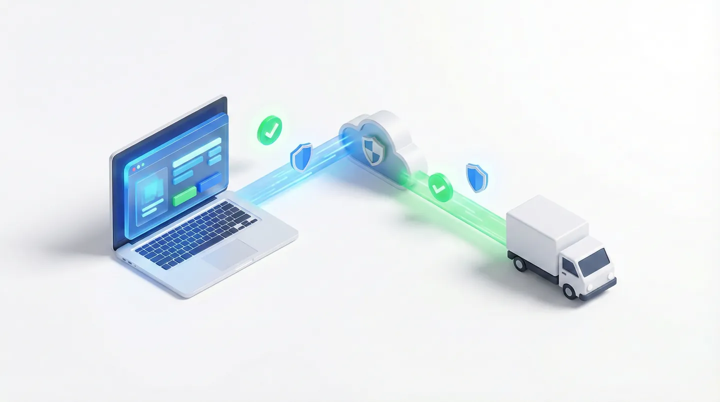 Ilustrație 3D cu software de validare adresă și integrare API între magazin online și curieri