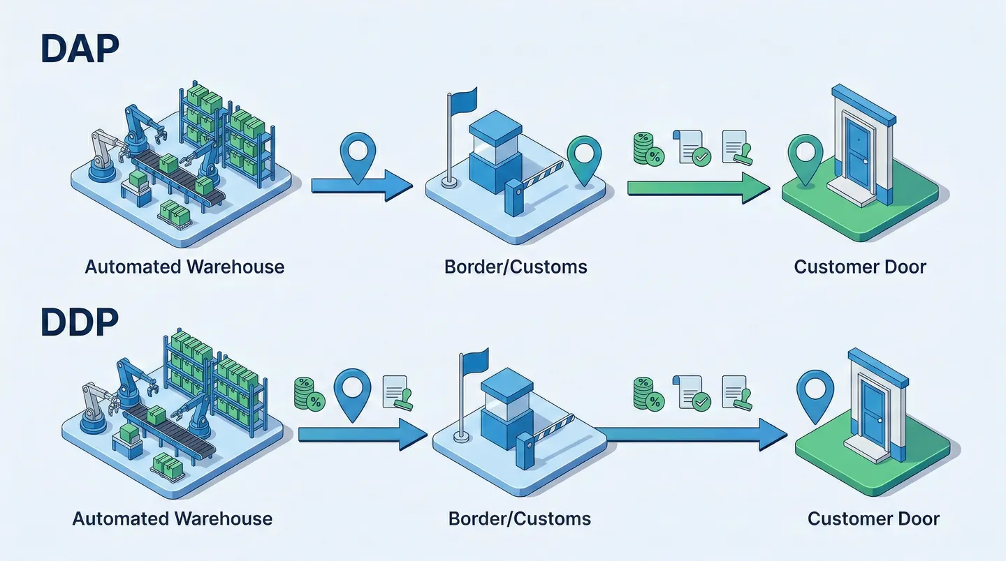 Ilustrație 3D izometrică explicând vizual diferența dintre Incoterms DDP și DAP în fluxul de e-commerce