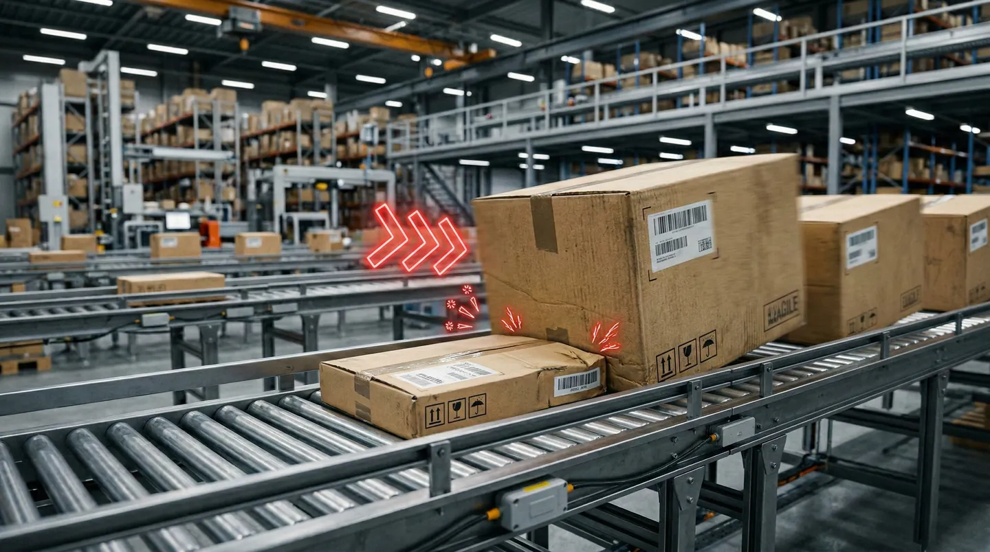 Ilustrație 3D reprezentând un colet mic și plat presat de pachete mari și grele pe o bandă de sortare automată din centrul logistic