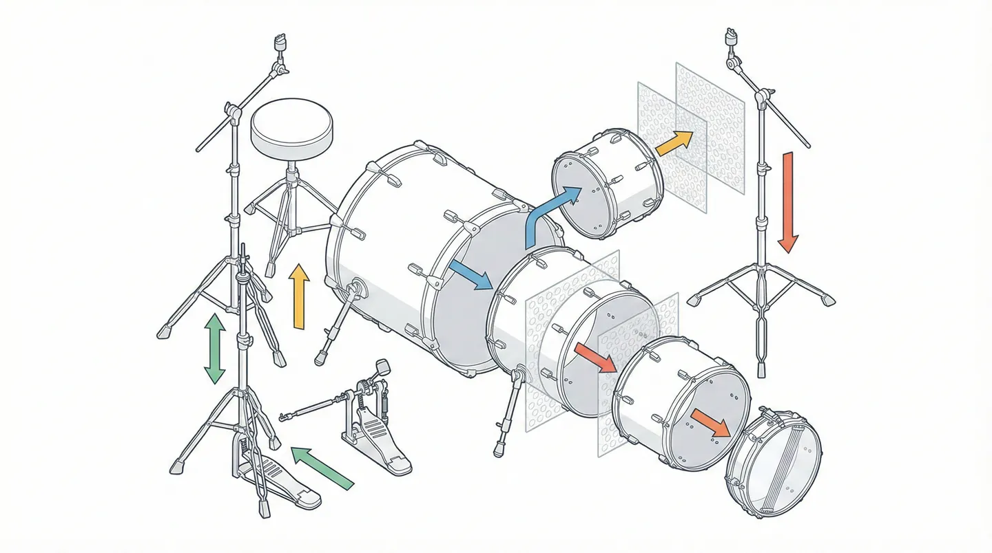 Ilustrație arătând cum se demontează și se introduc tobele una în alta cu protecție între ele pentru a economisi volum