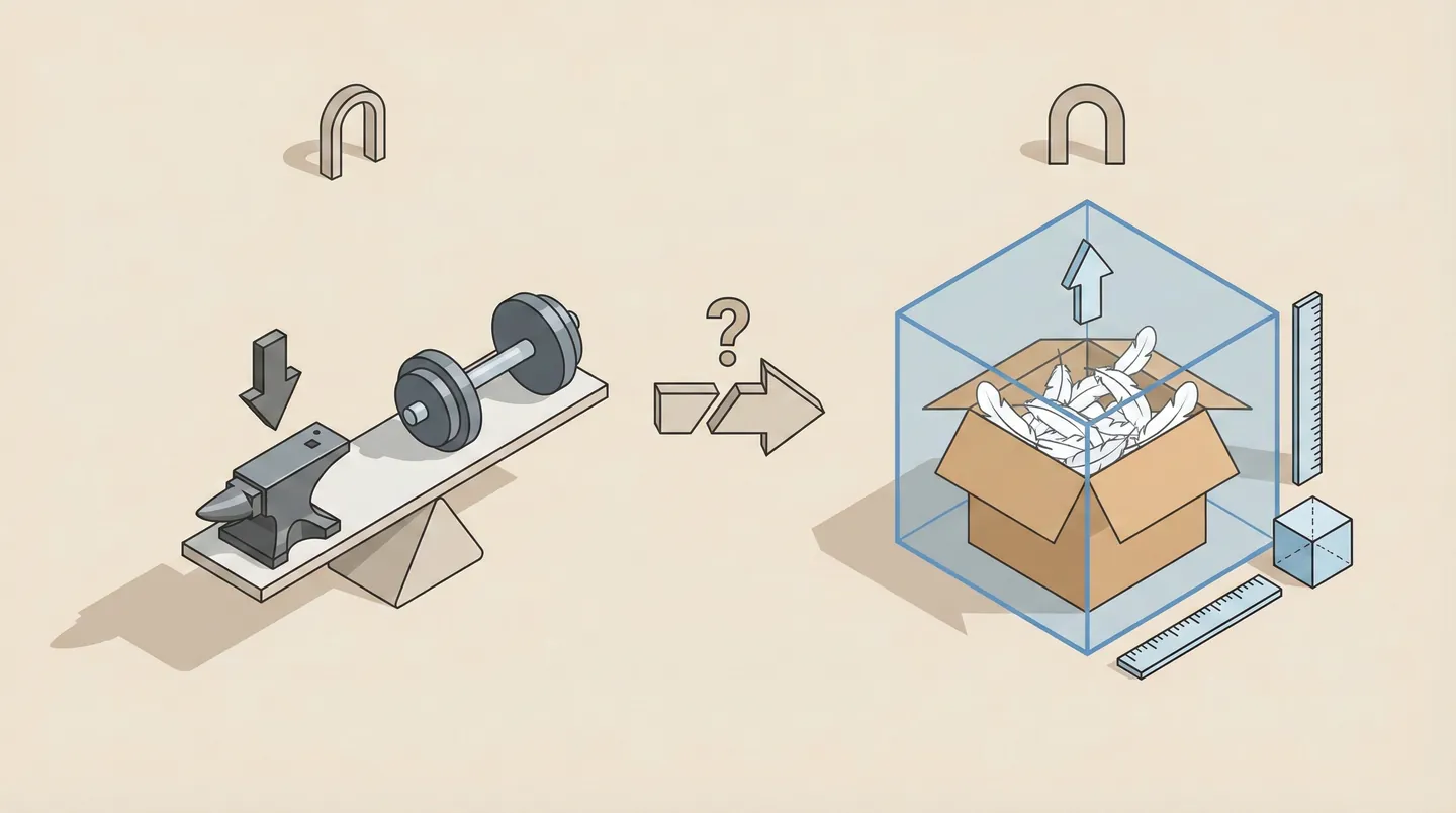 Ilustrație comparativă între greutatea fizică și greutatea volumetrică în transportul de colete