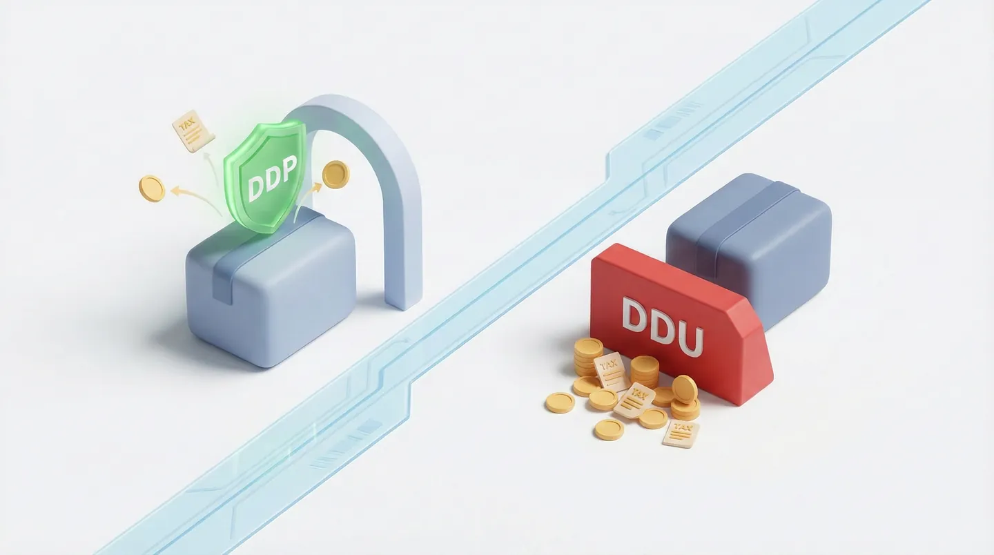 Ilustrație comparativă între livrarea DDP (taxe plătite) și DDU (taxe neplătite)