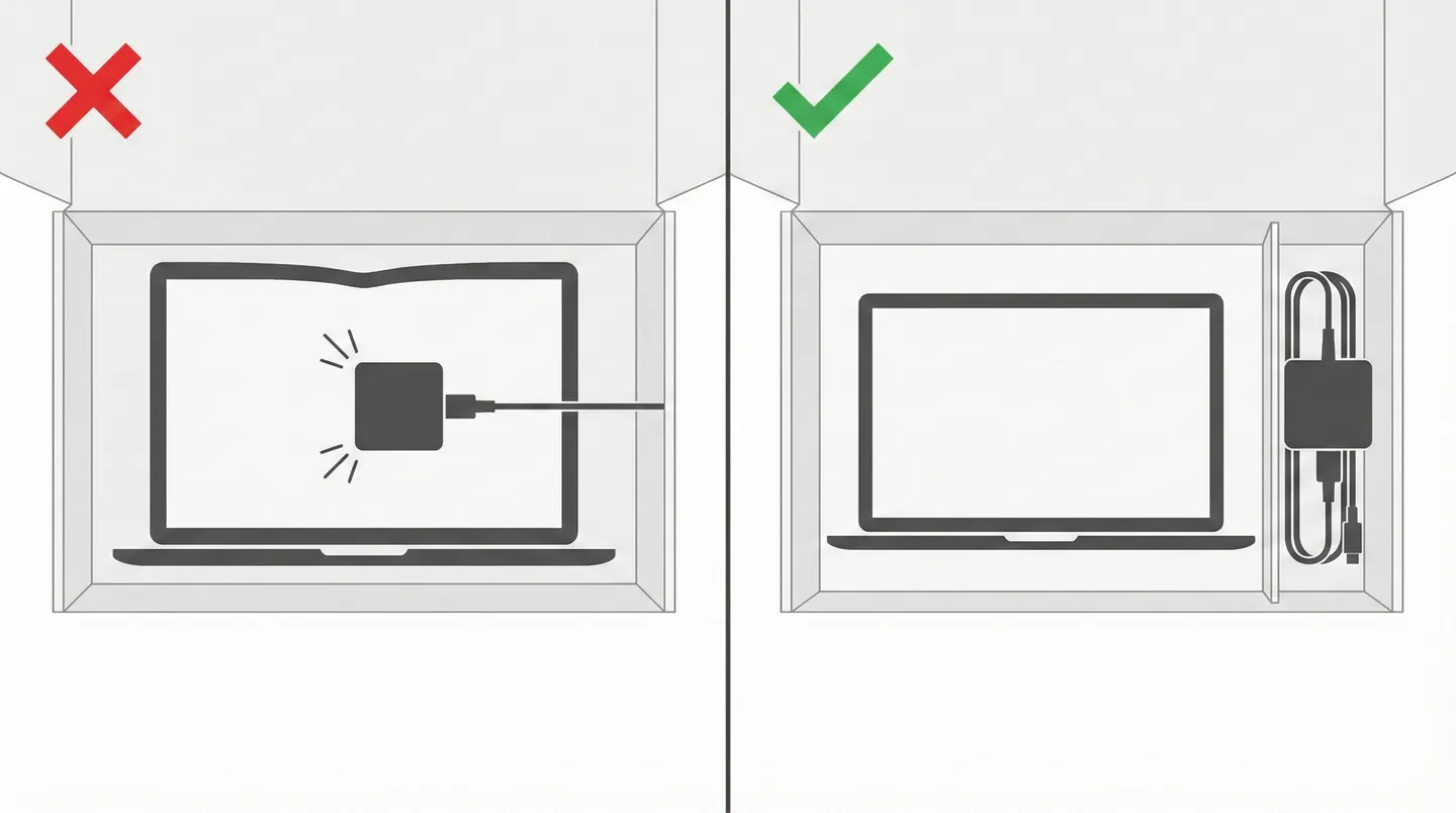 Ilustrație corectă vs. greșită a ambalării încărcătorului pentru a evita spargerea ecranului prin presiune