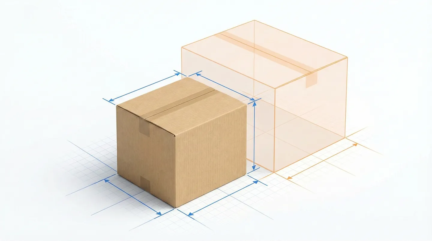 Ilustrație cu măsurarea dimensiunilor unui colet (lungime, lățime, înălțime) pentru calculul greutății volumetrice