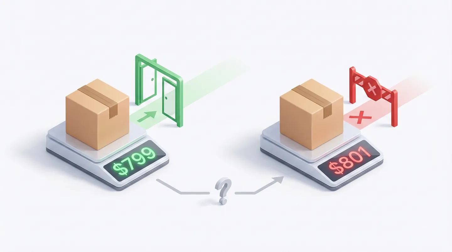 Ilustrație grafică explicând limita de 800 USD pentru scutirea de taxe vamale la importul în SUA