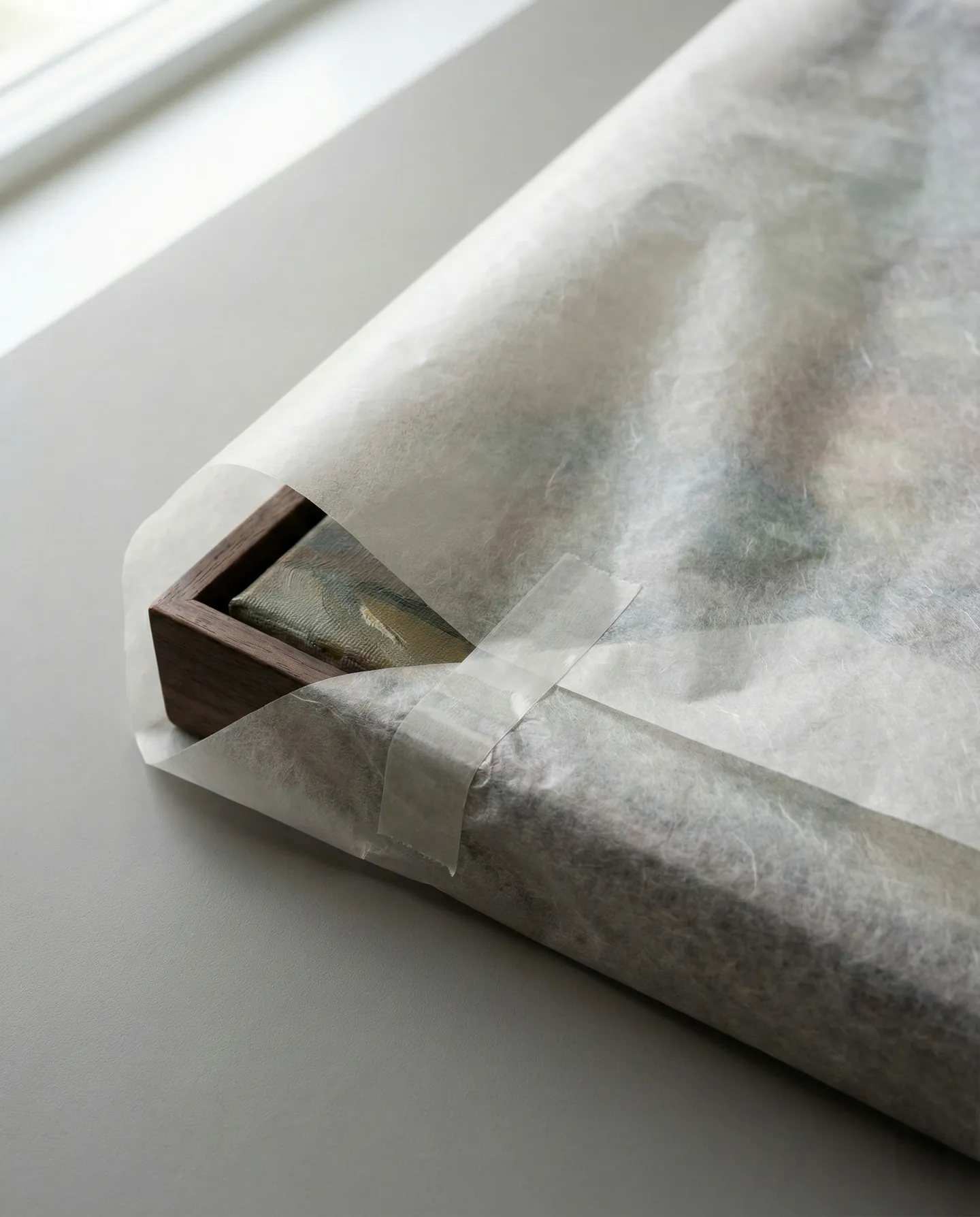 Împachetarea tabloului în hârtie specială Glassine (pH neutru) pentru protecția stratului pictural