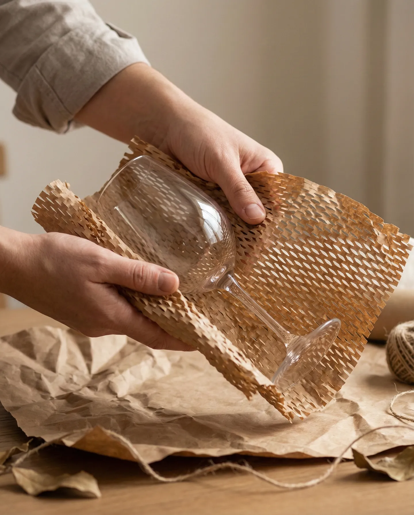 Împachetarea unui pahar cu picior în hârtie fagure extensibilă, alternativă ecologică la folia cu bule