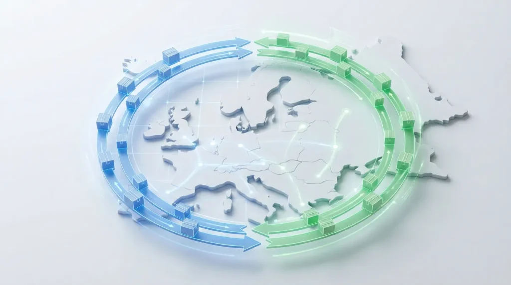 Infografic conceptual reprezentând ciclul logisticii inverse în Europa, evidențiind fluxul circular al produselor