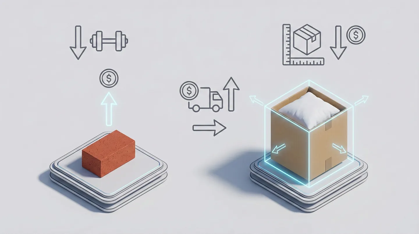 Infografic explicativ diferența dintre greutatea fizică și greutatea volumetrică la curierat