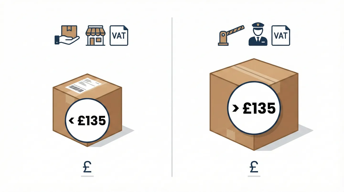 Infografic explicativ vizualizând pragul de 135 lire sterline pentru TVA la export