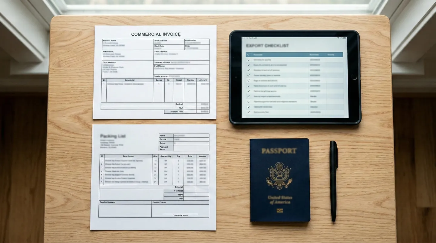 Infografic flatlay cu documentele necesare pentru export: factură comercială, lista de ambalare și tabletă cu checklist pe un birou modern
