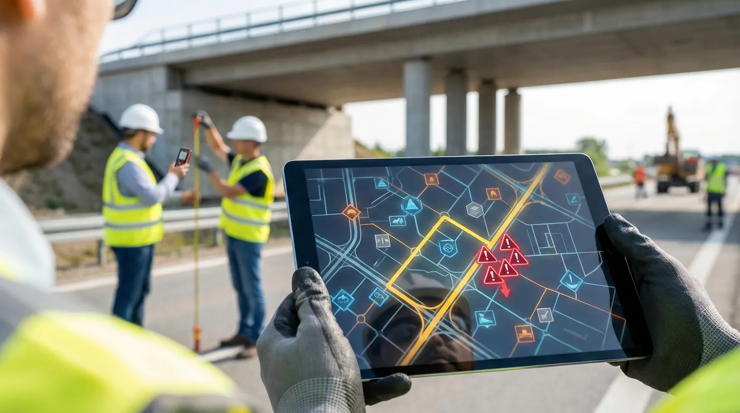 Inginer logistic verificând traseul digital (Route Survey) pe o tabletă