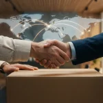 Întâlnire de afaceri globală simbolizând succesul expedierii mostrelor B2B