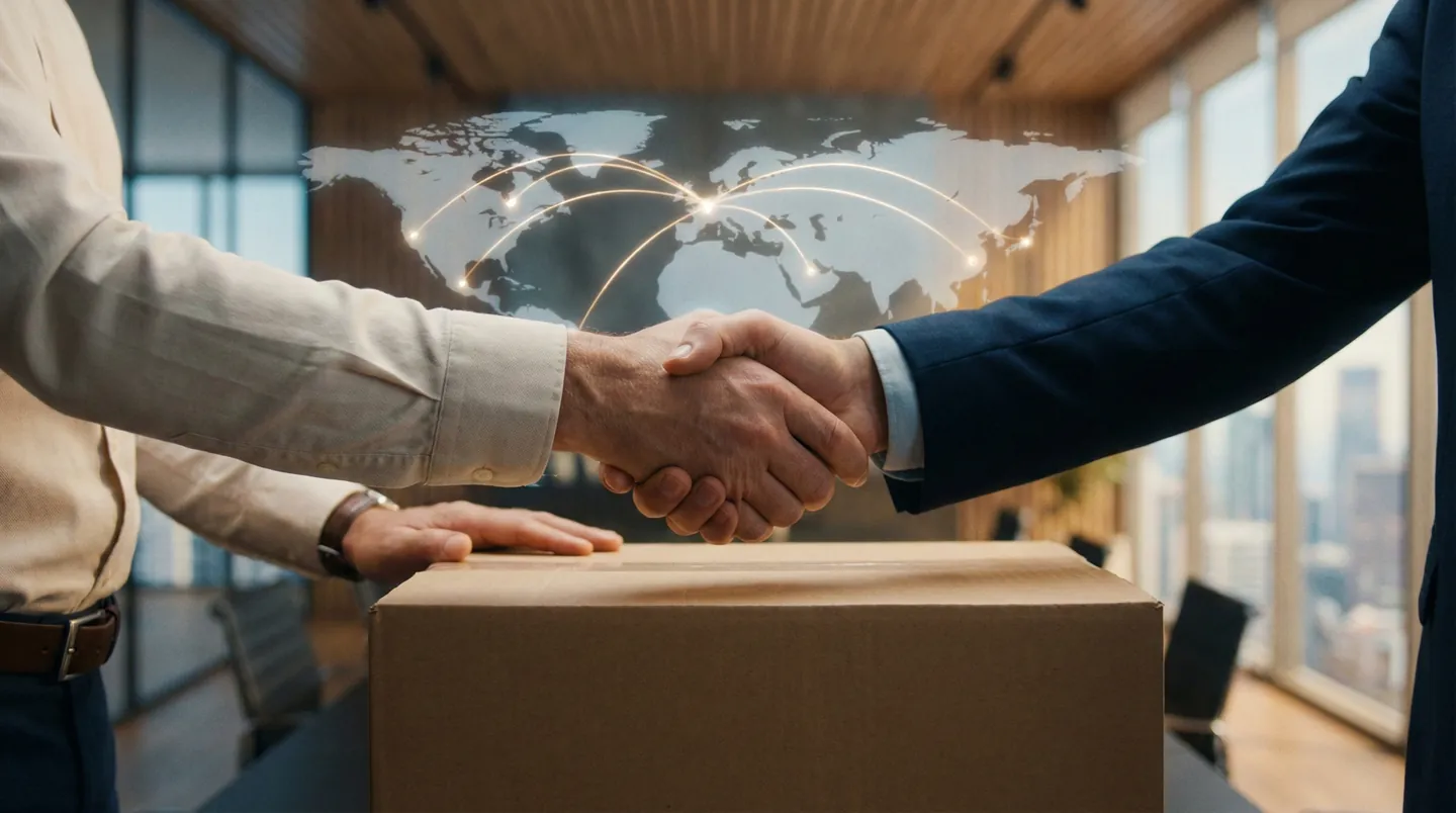 Întâlnire de afaceri globală simbolizând succesul expedierii mostrelor B2B