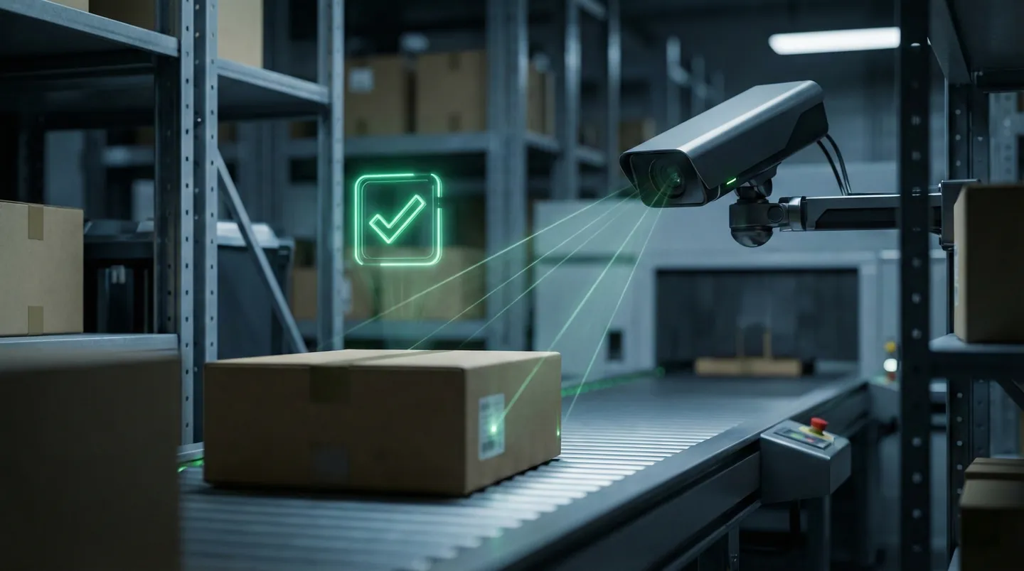 Inteligență artificială scanând colete pentru detectarea daunelor în depozit