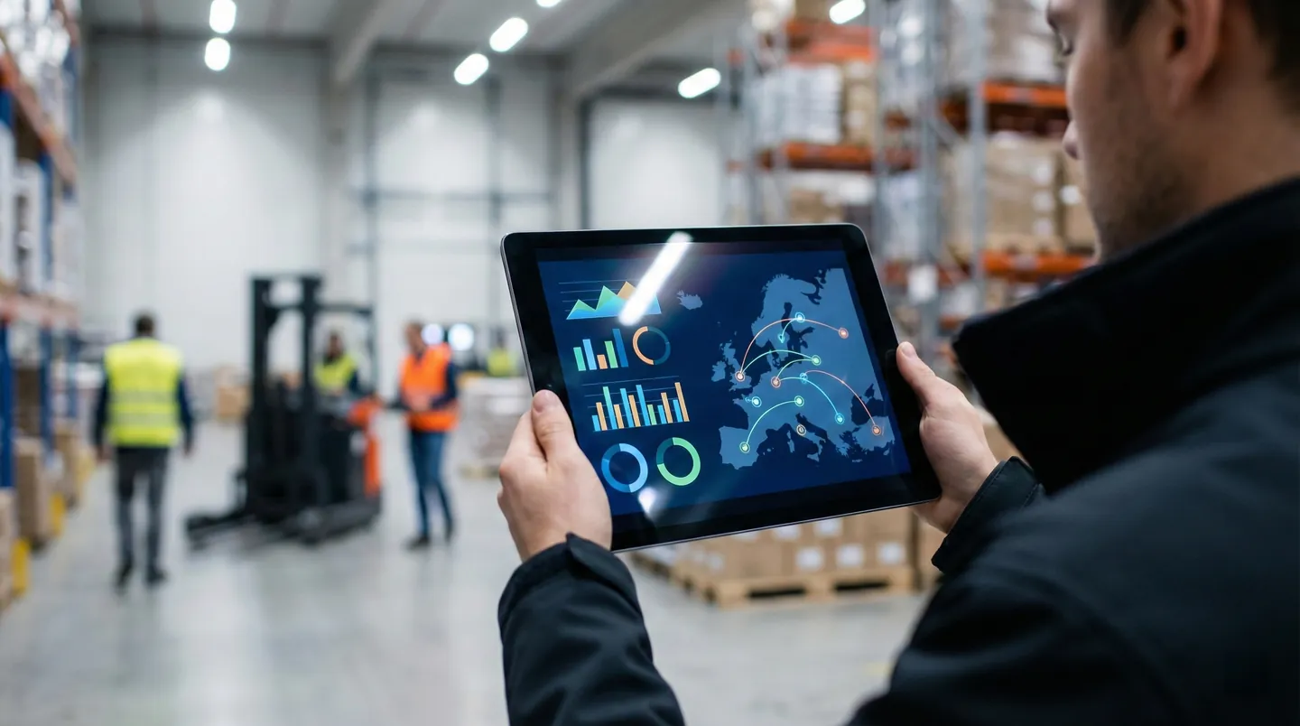 Interfață WMS pe tabletă arătând sincronizarea stocului și statusul comenzilor în timp real