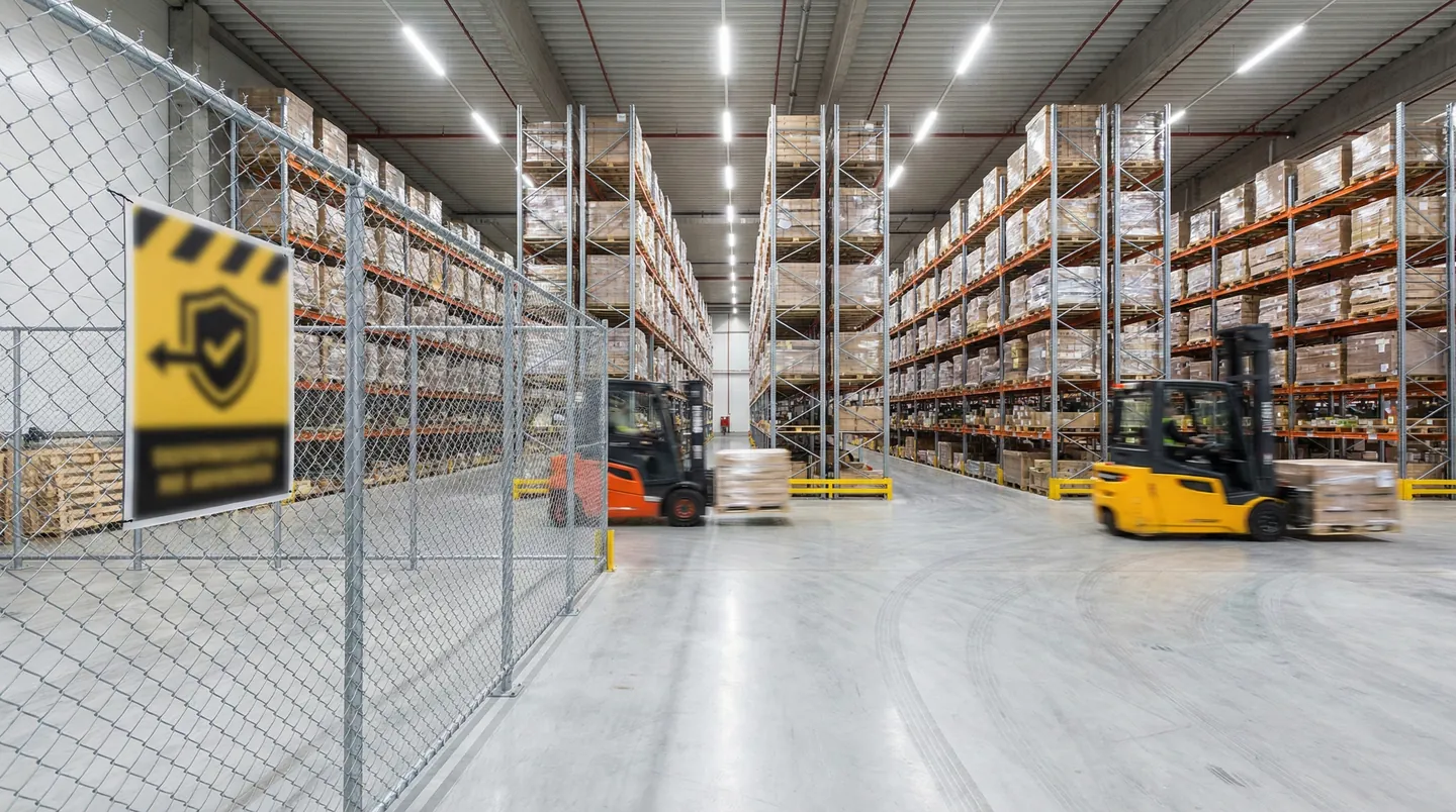 Interior modern al unui antrepozit vamal securizat, cu rafturi înalte și zonă delimitată cu garduri de protecție