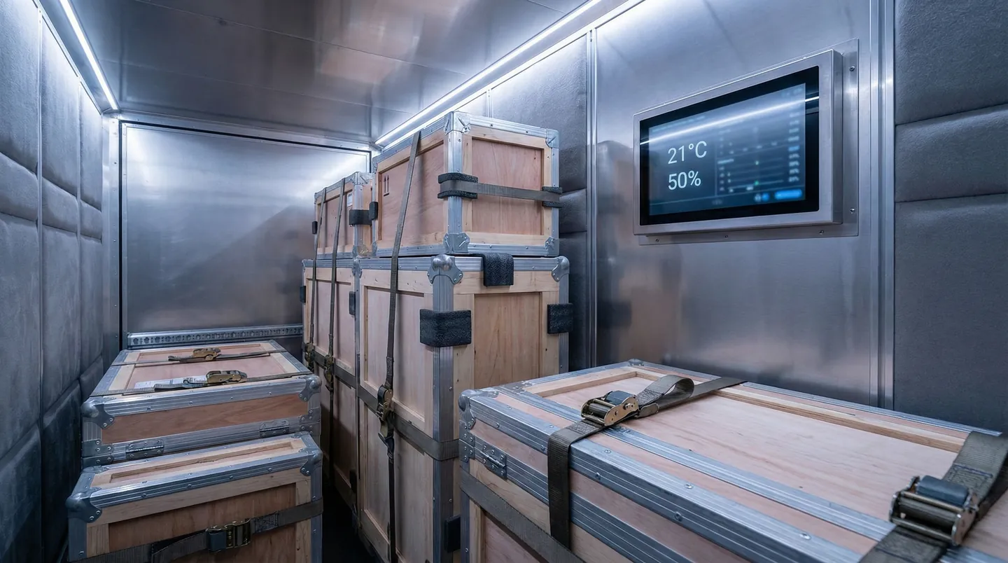 Interiorul camionului climatizat, menținând temperatura și umiditatea constante pentru protecția operelor de artă