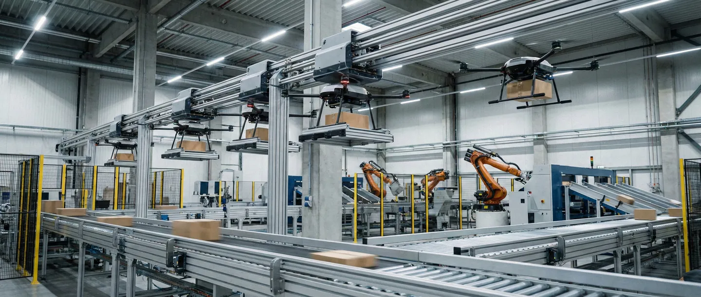 Interiorul unui centru de fulfillment modern unde benzi transportoare încarcă automat coletele în flotele de drone