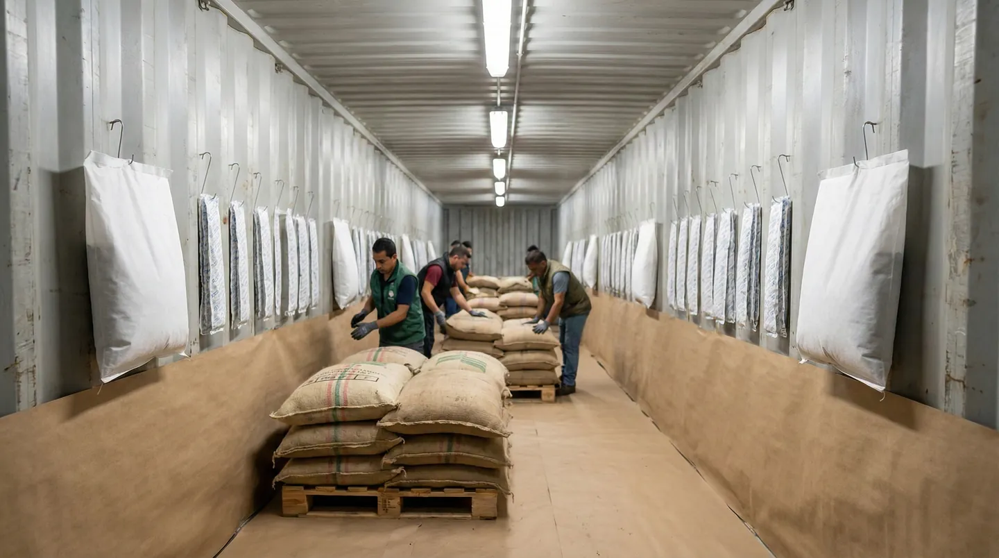 Interiorul unui container maritim pregătit pentru cafea, cu desicanți atârnați și căptușeală de protecție împotriva condensului