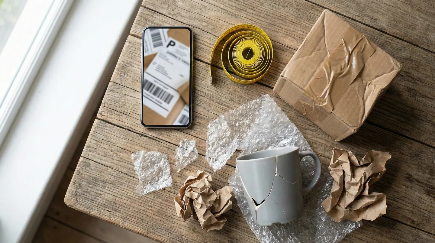 Kit-ul de probe pentru reclamație: telefon, metru, ambalaje și produsul deteriorat aranjate pentru fotografiere