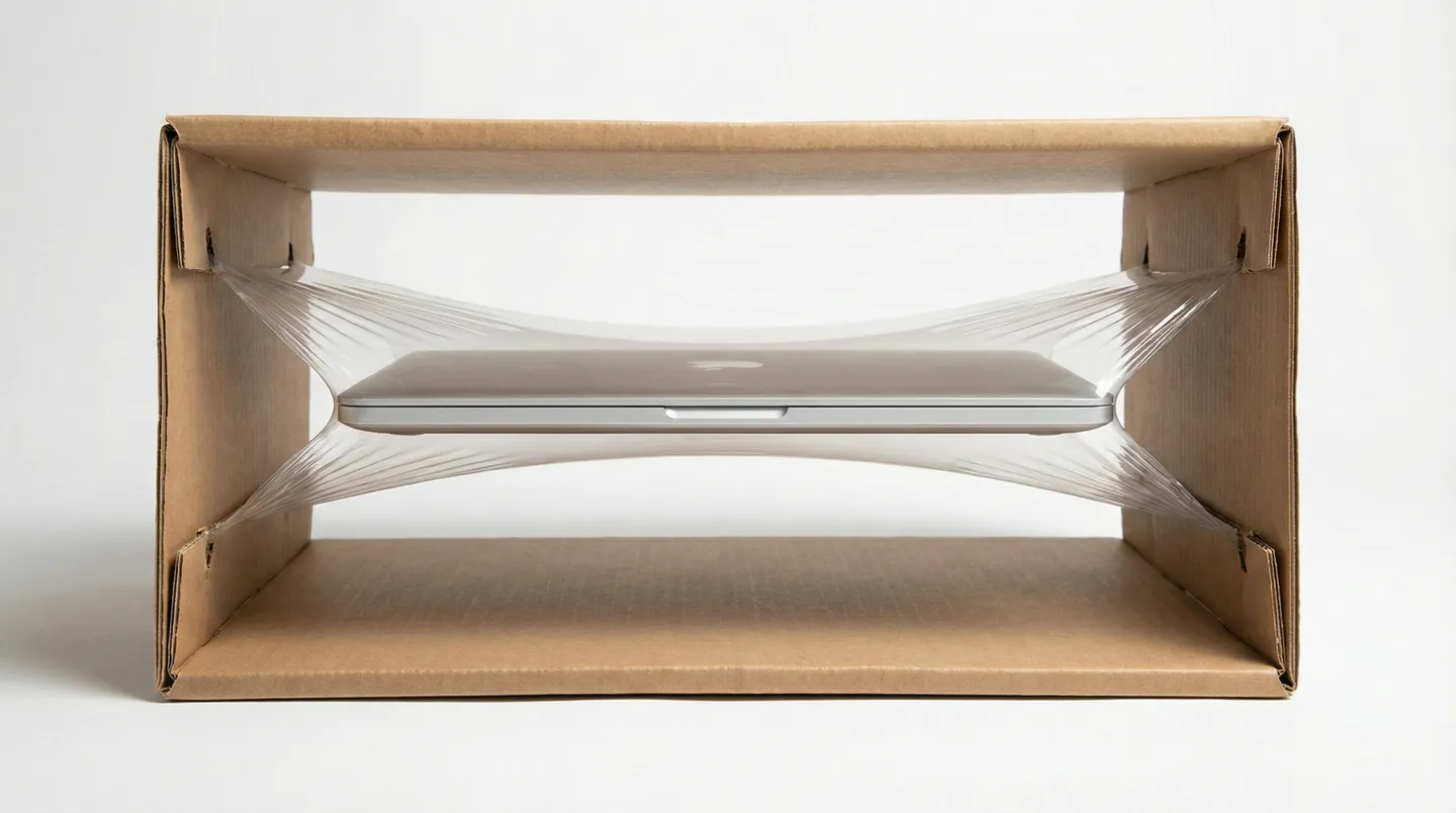 Laptop securizat într-un ambalaj special cu film de retenție (suspension box), plutind în centrul cutiei pentru a evita șocurile