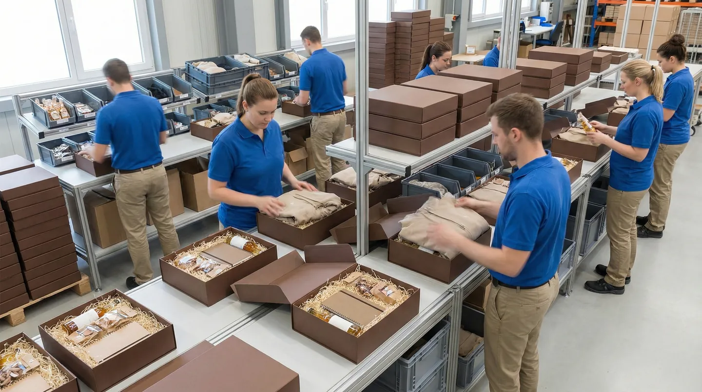 Procesul de Kitting pentru Cadouri Corporate Linie de asamblare (kitting) într-un depozit curat, unde operatorii pun produse diverse (cană, agendă, ciocolată) în cutii cadou identice