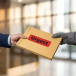Mână înmânând un plic de prioritate unui curier, focus pe eticheta Urgent, serviciu de expediere documente express internațional