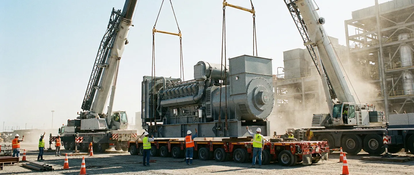 Macarale încărcând un generator industrial masiv pe un trailer modular