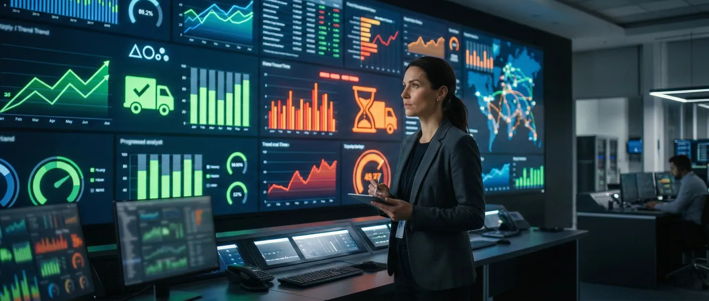 Manager de supply chain analizând un dashboard complex cu KPI-uri logistice precum OTIF și Dwell Time