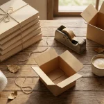 Masă de lucru pregătită pentru ambalarea și expedierea cărților, cu materiale de protecție și cutii de carton