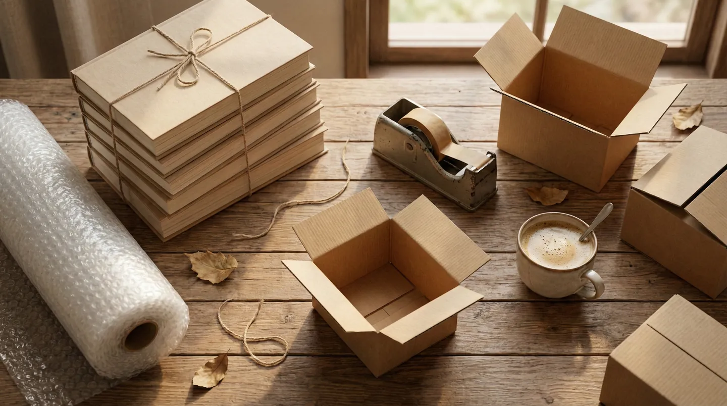 Masă de lucru pregătită pentru ambalarea și expedierea cărților, cu materiale de protecție și cutii de carton