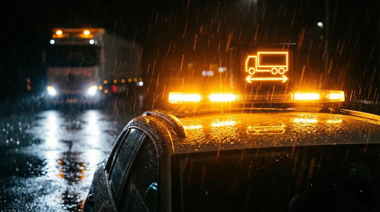 Mașină de escortă (pilot) cu semnale luminoase de avertizare pe timp de noapte