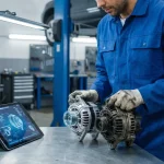 Mecanic auto verificând o piesă nouă sosită prin curier, comparând-o cu piesa veche de pe mașină, tabletă cu schema tehnică