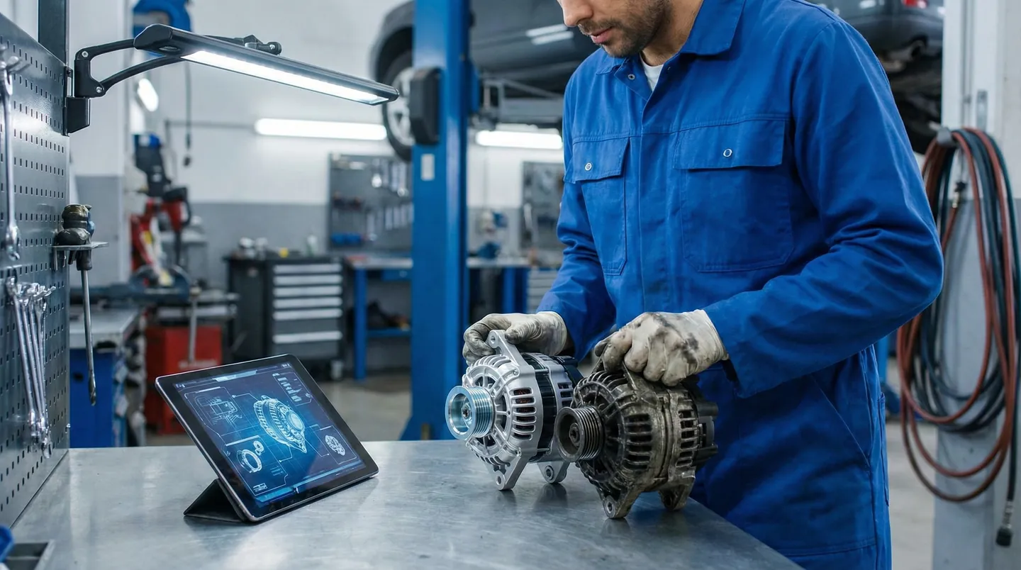 Mecanic auto verificând o piesă nouă sosită prin curier, comparând-o cu piesa veche de pe mașină, tabletă cu schema tehnică