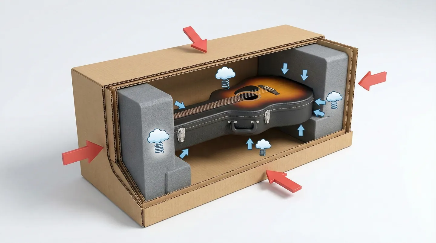 Metoda 'Box-in-Box': Hard case-ul chitarei protejat de o cutie exterioară de carton cu strat tampon