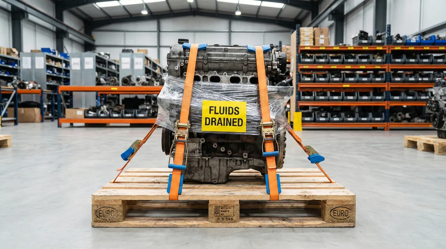 Motor auto curățat și securizat cu chingi pe un europalet, gata de expediere, într-un depozit de piese auto, etichetă 'No Oil', profesionalism