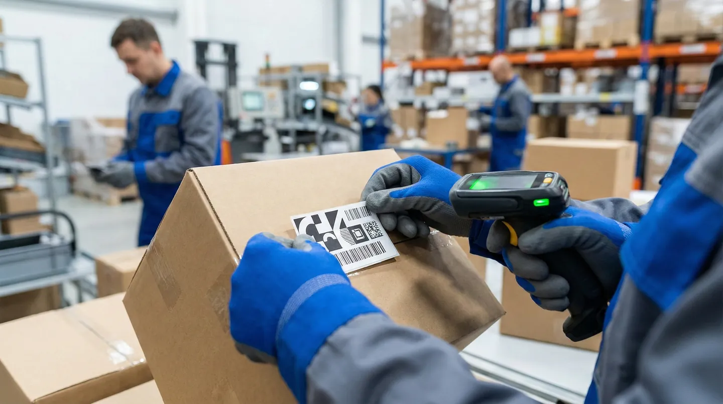 Muncitori aplicând etichete traduse pe cutii într-un depozit, sub supraveghere, pregătind marfa pentru piața locală