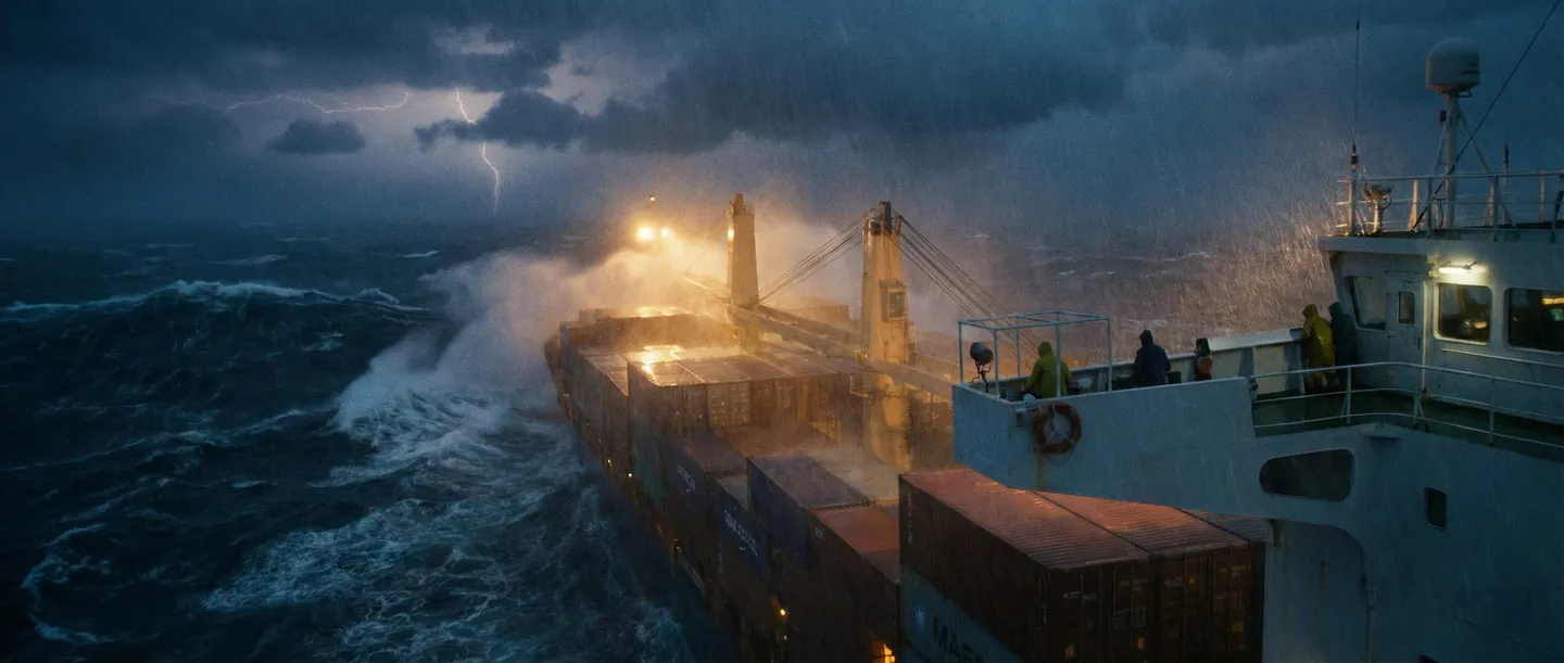 Navă portcontainer în furtună, ilustrând conceptul de Avarie Generală