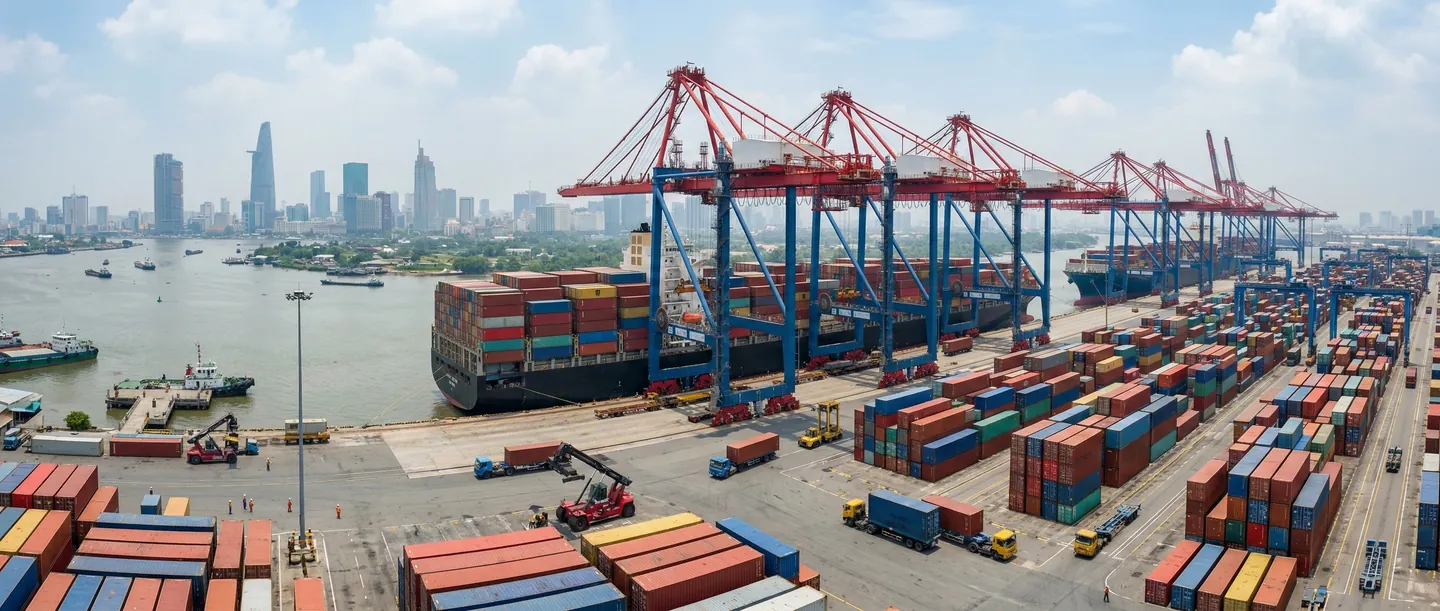 Navă portcontainer masivă fiind încărcată în portul modernizat din Ho Chi Minh, Vietnam, macarale gigantice, activitate economică intensă