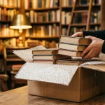 O persoană ambalează cu grijă cărți vechi într-o cutie mică și robustă de carton pentru anticariat, fundal de bibliotecă.