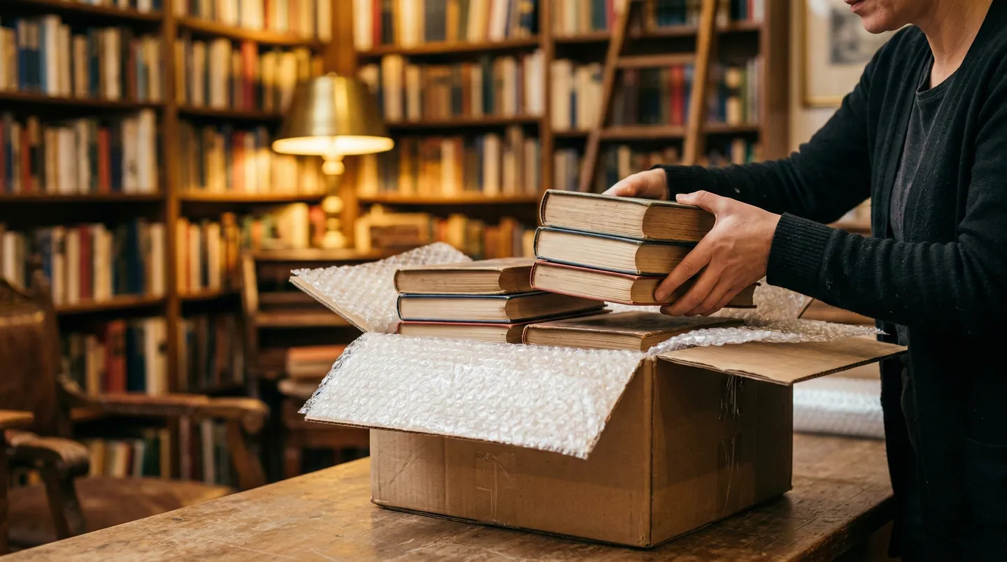 O persoană ambalează cu grijă cărți vechi într-o cutie mică și robustă de carton pentru anticariat, fundal de bibliotecă.