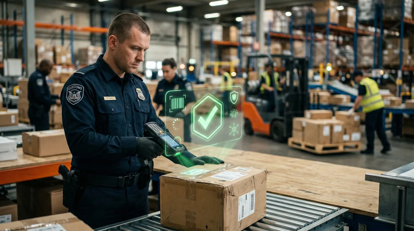 Ofițer vamal scanând un colet internațional folosind tehnologie avansată de recunoaștere a conținutului într-un hub logistic