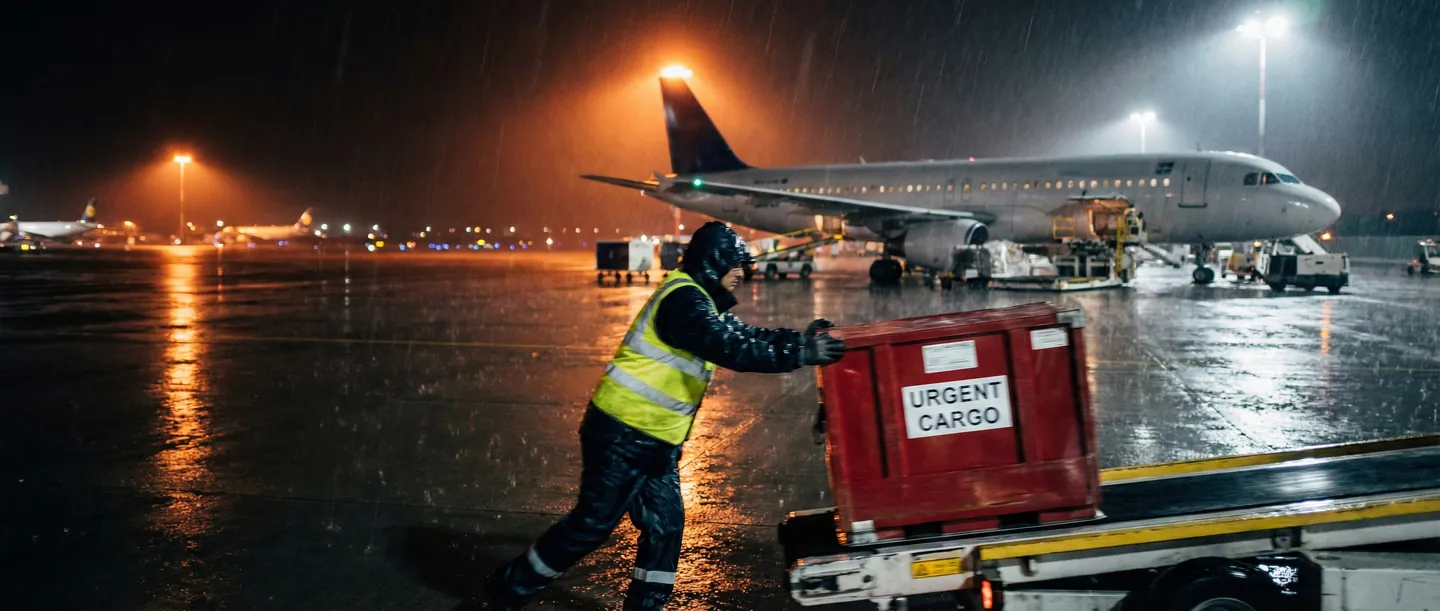 Operațiune de încărcare cargo pe timp de noapte pe pista aeroportului, focus pe un pachet urgent NFO