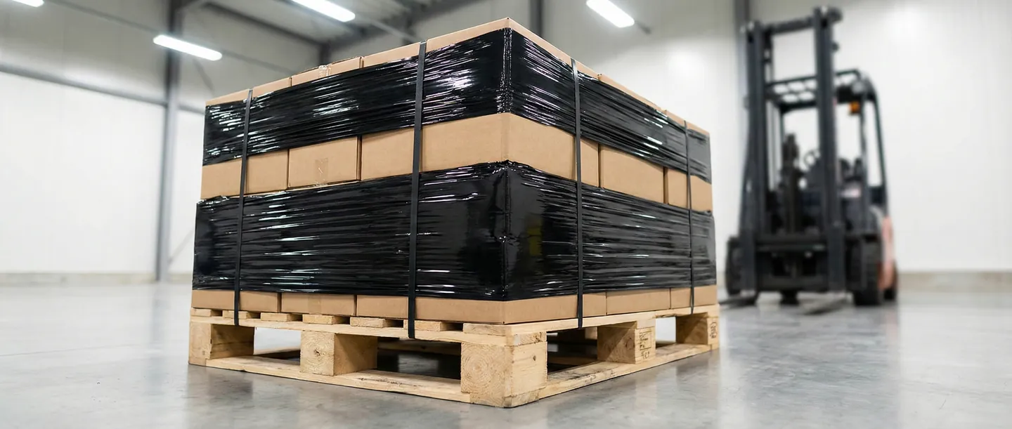 Palet de marfă încărcat cu cutii de cărți, pregătit pentru transport rutier sau maritim