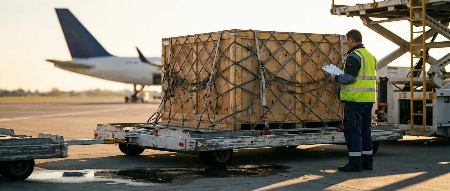 Paletizarea securizată a unei lăzi de artă pentru transport aerian sub supraveghere pe pistă